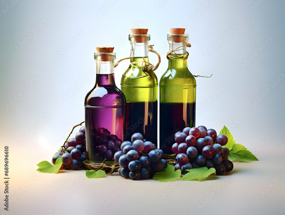 Wine with grapes in glass bottles on a light background. High quality Wine with grapes in glass bottles on a light background. High quality