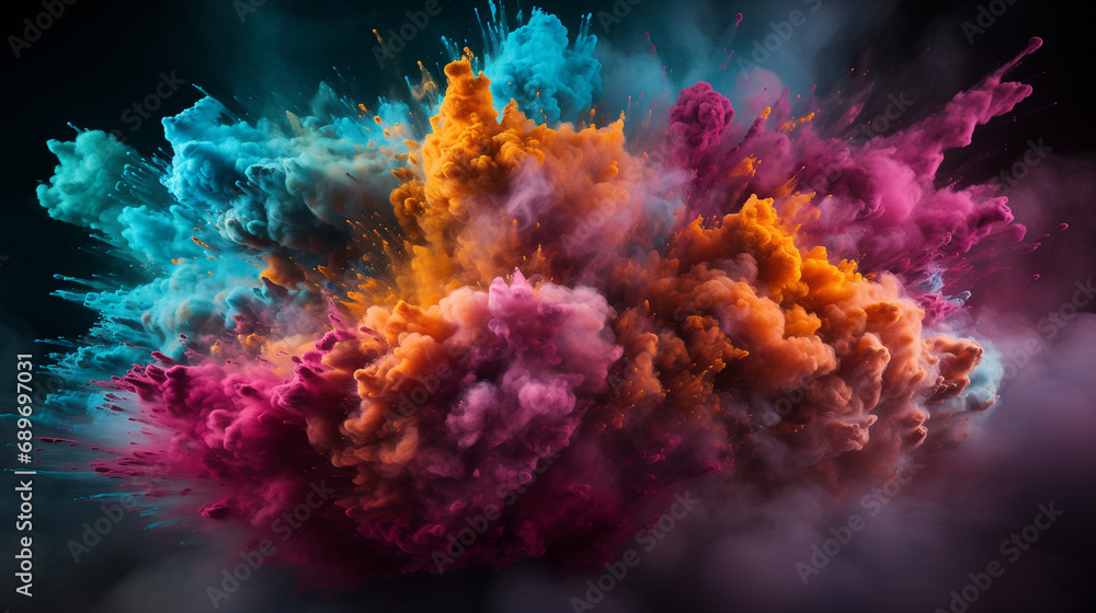 Colorful explosion of powder, with vibrant shades of orange, blue and pink. Explosion is surrounded by dark background, creating striking contrast between bright colors and darkness.