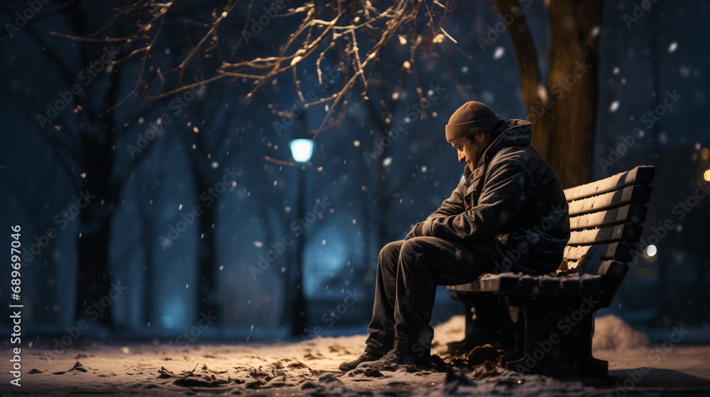 A man sits on a bench in a snowy park at night. He is wearing a black jacket and hat and is looking down. Snowflakes are falling around him. Concept of homelessness, loneliness. - obrazy, fototapety, plakaty 