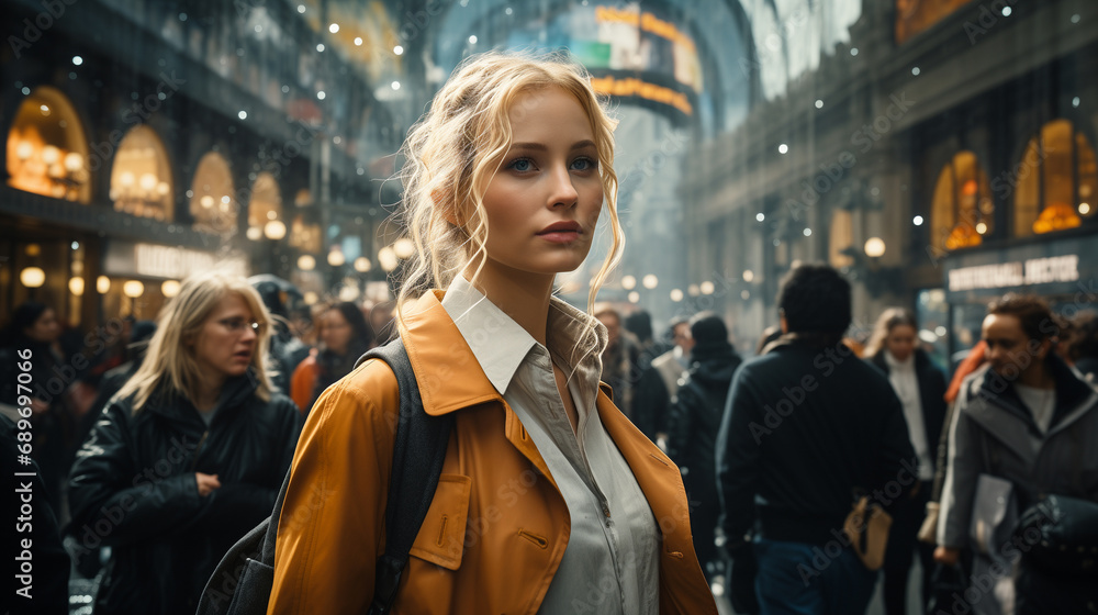 A woman standing on a crowded street, wearing a white shirt and brown jacket. She has a backpack on her back and is looking straight ahead. There are many people walking around her. A woman standing on a crowded street, wearing a white shirt and brown jacket. She has a backpack on her back and is looking straight ahead. There are many people walking around her.