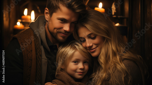 Family of three - man, woman, and young child - standing together in dimly lit room with candles surrounding them. They are all smiling and embracing each other, creating warm and cozy atmosphere.