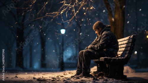 A man sits on a bench in a snowy park at night. He is wearing a black jacket and hat and is looking down. Snowflakes are falling around him. Concept of homelessness, loneliness.