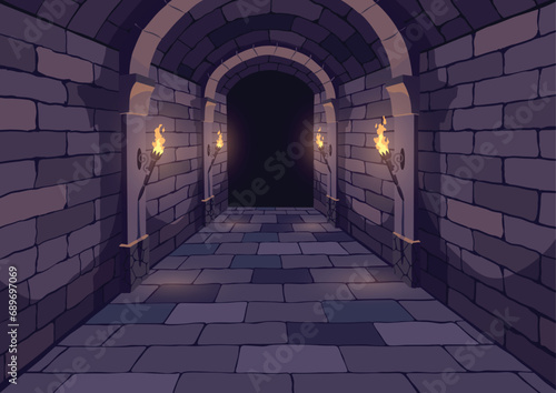 Dark Dungeon. Long medieval castle corridor with torches. Interior of ancient Palace with stone arch. Vector illustration