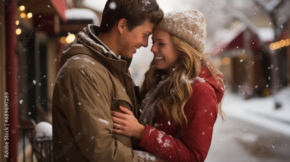 A young couple embracing in the snow, with the man wearing a brown jacket and the woman wearing a red jacket. They are standing in a snow-covered street, surrounded by festive lights and decorations. A young couple embracing in the snow, with the man wearing a brown jacket and the woman wearing a red jacket. They are standing in a snow-covered street, surrounded by festive lights and decorations.