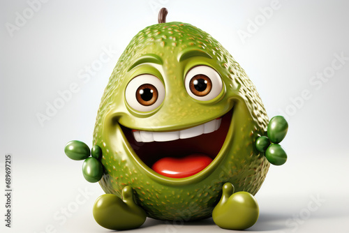 Up-close animated avocado with big brown eyes and a wide grin. Glossy green texture and excited hands make it perfect for lively marketing, kids' content, and nutrition promotions.