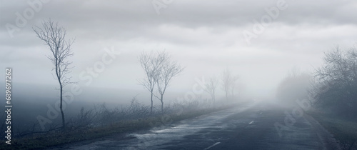 Spring landscape with trees in the fog on both sides of the road © Volodymyr
