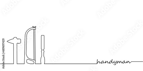 Professional handyman services. Vector banner template with hacksaw, hammer, chisel silhouette and text space.  Repair tools on white background for your web site design, app, UI. EPS10.