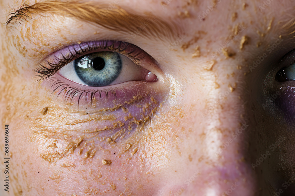Close-up of an eye with striking blue iris and textured skin. Close-up of an eye with striking blue iris and textured skin.