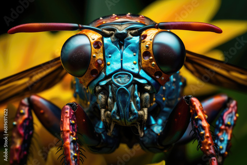 Close-up of a fantastical jeweled insect with a vibrant blue body, multi-faceted eyes, and detailed wing structure set against a blurred floral background. © Sascha