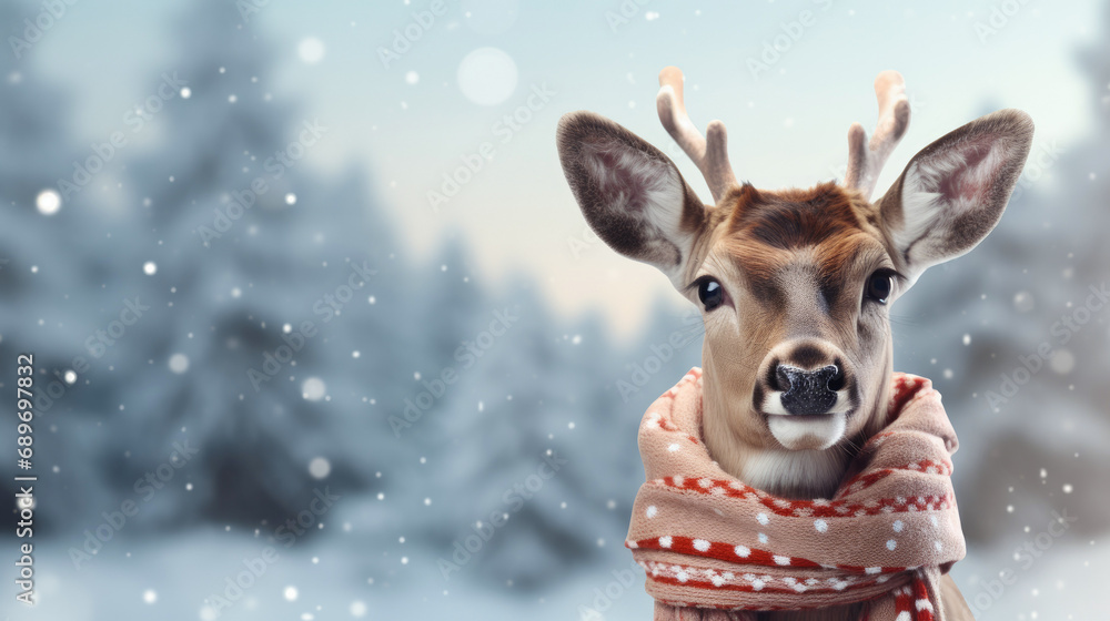 Christmas deer in a scarf on a winter background. Place for text, copyspace. Christmas deer in a scarf on a winter background. Place for text, copyspace.