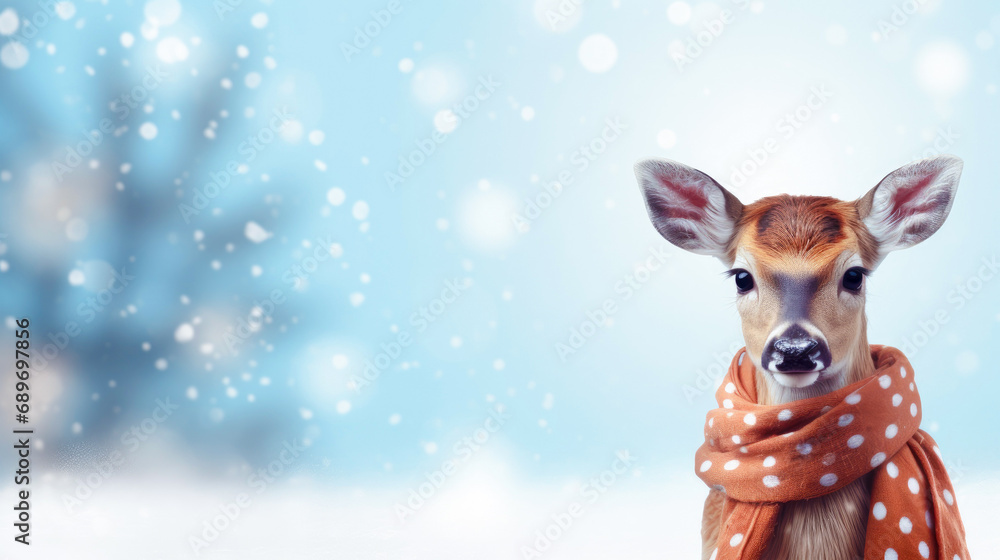 Christmas deer in a scarf on a winter background. Place for text, copyspace. Christmas deer in a scarf on a winter background. Place for text, copyspace.