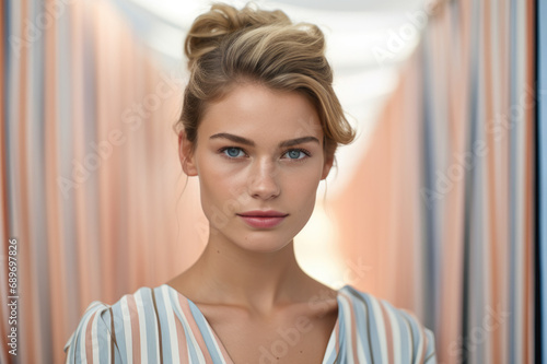 Elegant blonde woman with topknot hairstyle stands against soft-hued striped backdrop  exuding a poised allure.