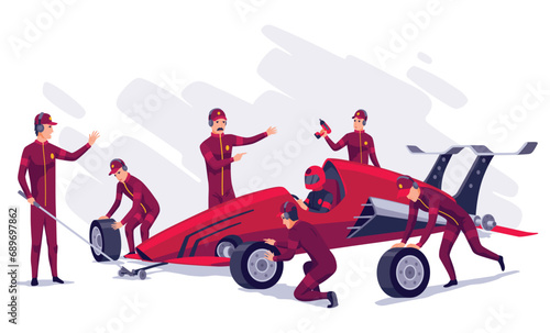 Racing car on pit stop flat vector illustration. Professional mechanics and racer cartoon characters. Engineers team in uniform changing wheels, tires. Auto maintenance service, quick repair