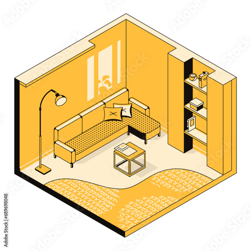 3D living room interior design concept. Cozy room, home, flat, house, indoor environment. Furniture arrangement template for hotel, hostel, real estate, building. Vector linear isometric illustration