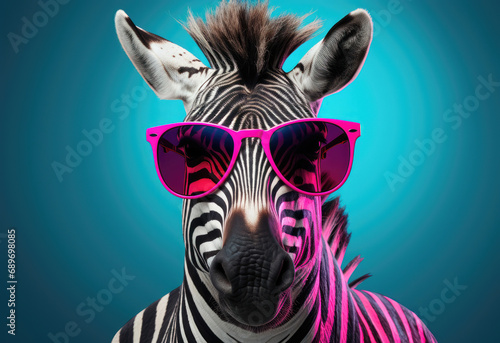 Funky zebra wearing pink sunglasses on a teal background.