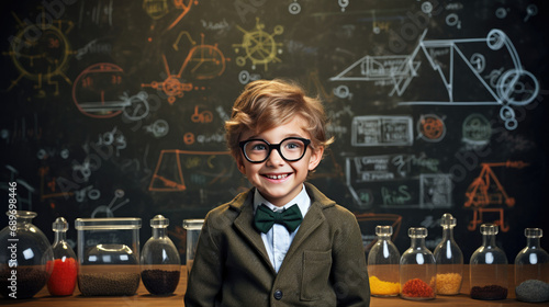 A little boy who dreams of being a scientist is doing a science experiment. and formula on the blackboard behind