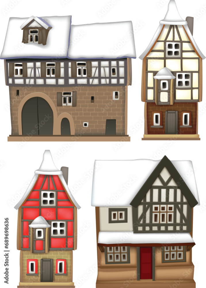 Four fairytale Christmas houses. Very realistic illustration.