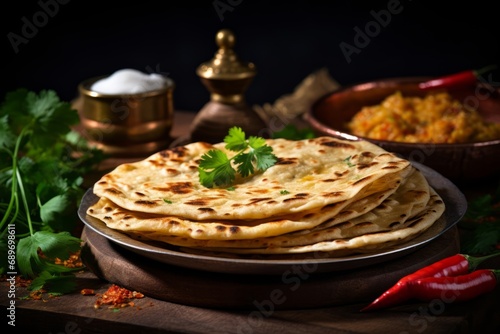 A traditional Indian meal featuring homemade chapati flatbread served with spicy curry photo