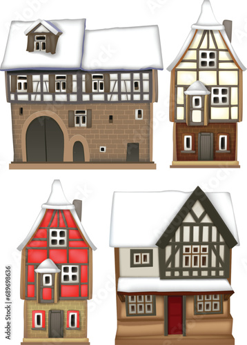 Four fairytale Christmas houses. Very realistic illustration.