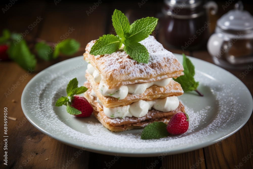 A plate of Laskonky, a typical sweet treat from the Czech Republic, dusted with powdered sugar and adorned with fresh mint leaves A plate of Laskonky, a typical sweet treat from the Czech Republic, dusted with powdered sugar and adorned with fresh mint leaves