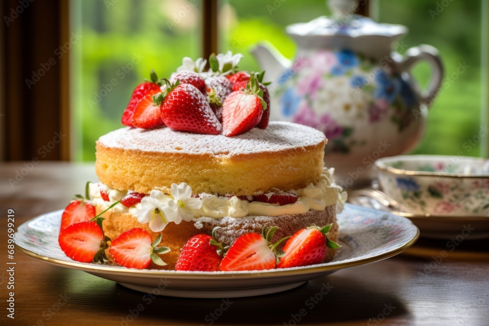 A delectable Victoria sponge cake, adorned with fresh berries and icing sugar, presented on a charming antique plate