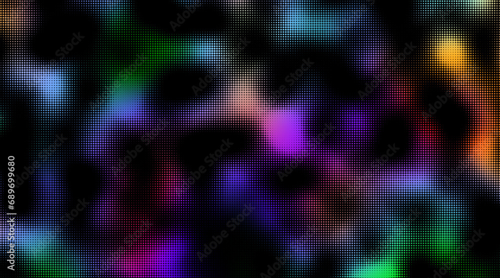 Colourful gradient halftone dots background. Vector illustration. Abstract grunge dots on black background