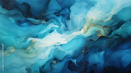 Abstract marble blue textured background with golden splash. AI 