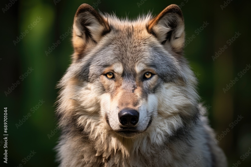 Fototapeta premium A close up of a wolf's face with trees in the background