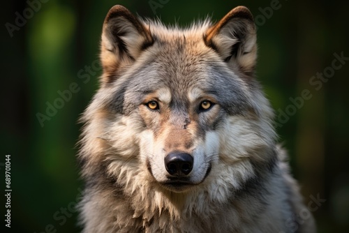 A close up of a wolf's face with trees in the background