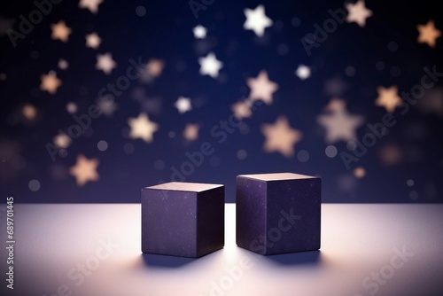 ダーク紫の背景に星型のボケライトと四角い二つの展示台がある抽象的なバナー