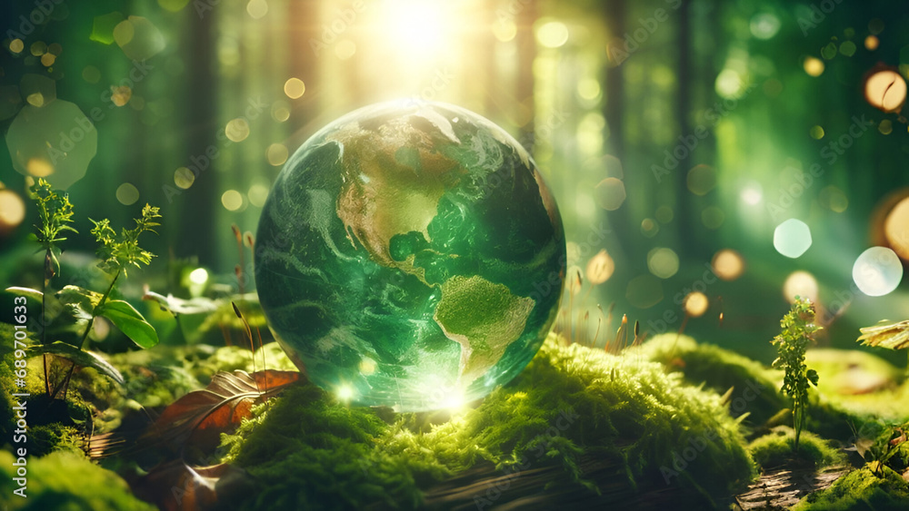 Earth Day - Environment - Green Globe In Forest With Moss And Defocused Abstract Sunlight - obrazy, fototapety, plakaty 