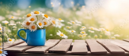 Beautiful spring natural composition with daisies in a mug. Spring panoramic background.