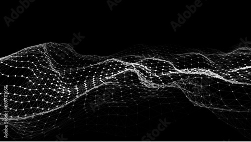Wave of particles and lines. Big data visualization. Abstract background with a dynamic wave. Vector illustration.