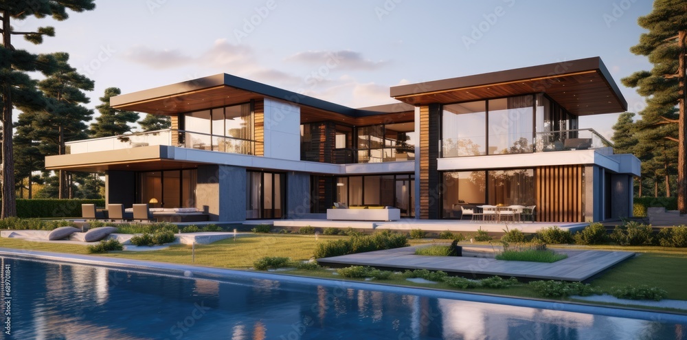 A rendering of a house with a pool in front of it