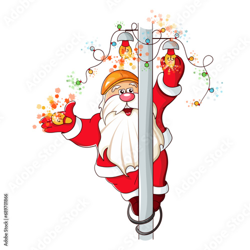 Cheerful Santa Claus lights the light bulbs. A caricature. Santa Claus in a hard hat, electrician profession. Vector illustration in cartoon style