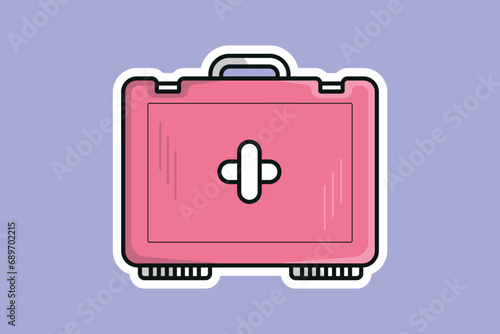 Medical First Aid Kit Sticker vector illustration. Health and medical diagnostics icon concept. Medical equipment, First aid storage, doctor's case sticker design logo with shadow.