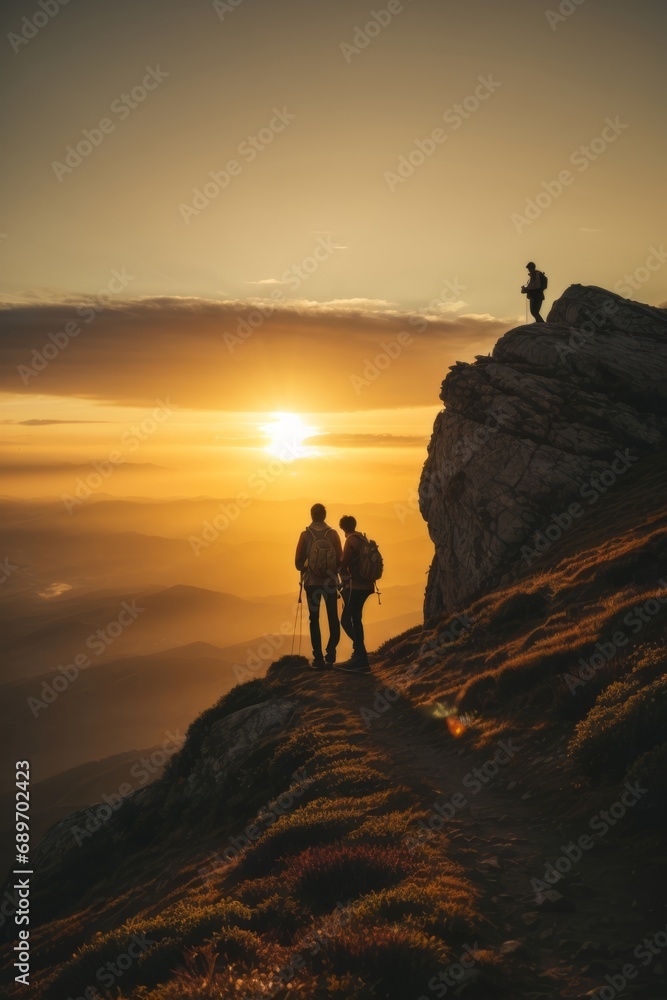 Fototapeta premium Young travelers in the mountains at sunset. Beautiful landscape, hiking, healthy active lifestyle, according to the concept.