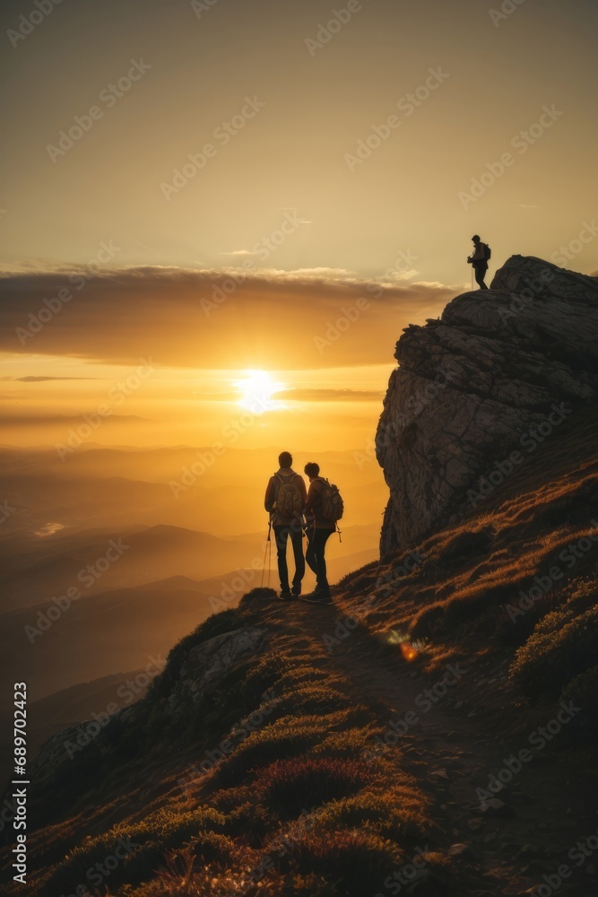 Young travelers in the mountains at sunset. Beautiful landscape, hiking, healthy active lifestyle, according to the concept.