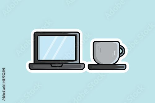 Laptop with Coffee Cup Sticker vector illustration. Technology and drink objects icon concept. Workspace with laptop and coffee cup vector sticker design with shadow.