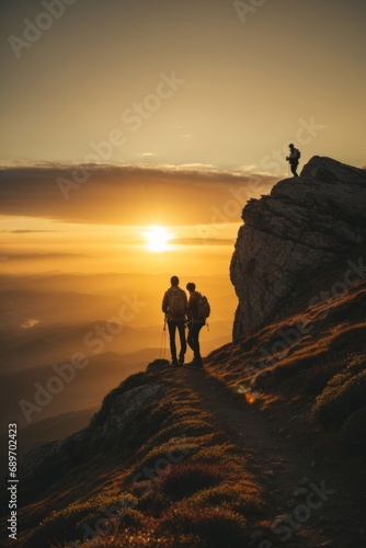 Young travelers in the mountains at sunset. Beautiful landscape, hiking, healthy active lifestyle, according to the concept.