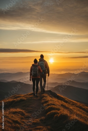 Back view of a couple in love traveling in the mountains at sunset. Beautiful landscape  hiking  healthy active lifestyle  hiking concepts.