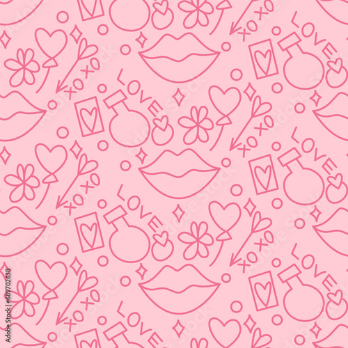 Pattern Valentine with Lips, Arrows of Cupid and Heats on a Pink. Valentines Day Background. Trendy Modern Vector Illustration. 