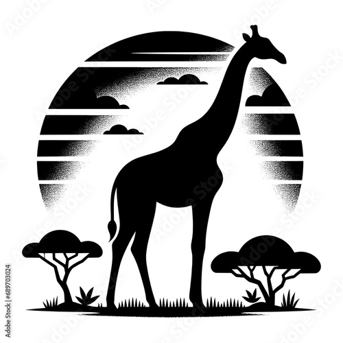 Minimalist poster design with a safari theme, featuring the silhouette of a giraffe in its natural habitat