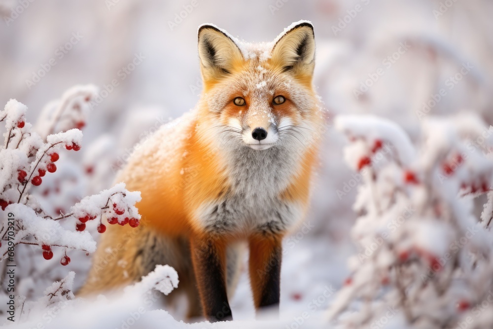 Fototapeta premium A red fox standing in a snowy forest