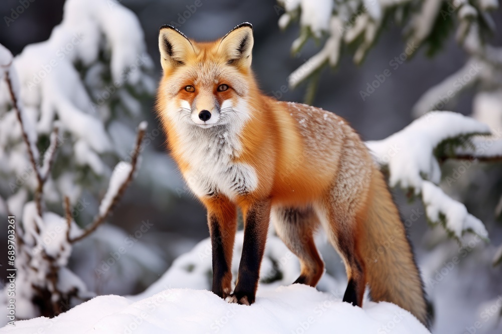 Fototapeta premium A red fox standing on top of snow covered ground