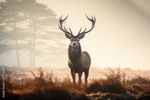 A deer standing in a field with trees in the background © pham