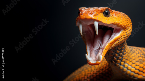 Orange snake open mouth ready to attack isolated on gray background