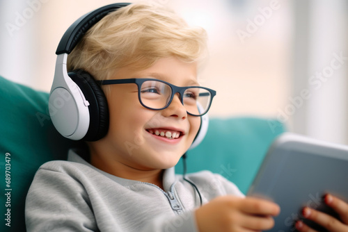 Wallpaper Mural Happy young boy with glasses and headphones using a tablet Torontodigital.ca