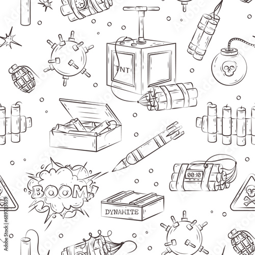  Dynamite and bomb seamless pattern. Vector hand drawn illustration with explosive lethal weapon, TNT, dynamite pack and sticks, mine, hand grenade, missile. Military weapon, army, war in doodle style