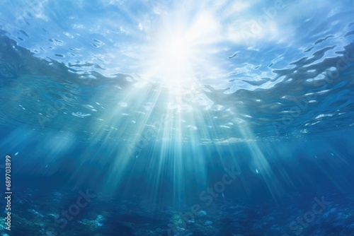 The sun shining through the water in the ocean